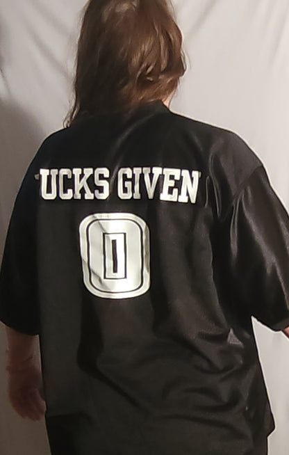Black "Fucks Given" Oversized Replica Mesh Football Jersey from Strongbox Apparel with bold lettering and an uncompromising attitude. Available in sizes Small to 3X. Jersey is oversized for maximum range of motion during strongman workouts